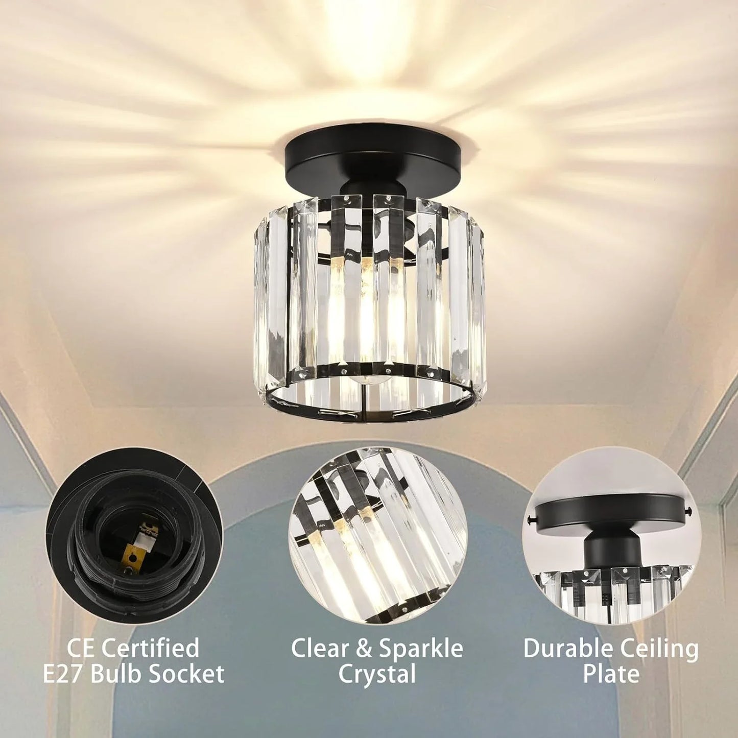 Crystal Ceiling Light with Gold and Black Accents – Contemporary Home Lighting Fixture