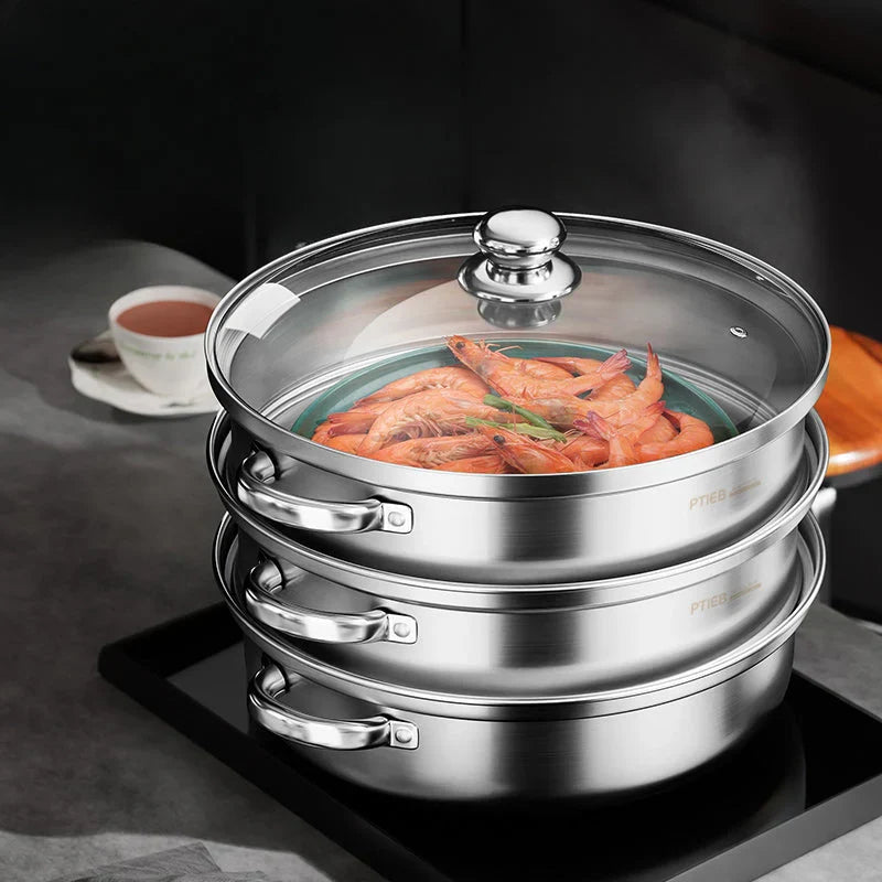 Premium 3-Tier Stainless Steel Steamer with Glass Lid and Durable Handles β Ideal for Steaming and Cooking
