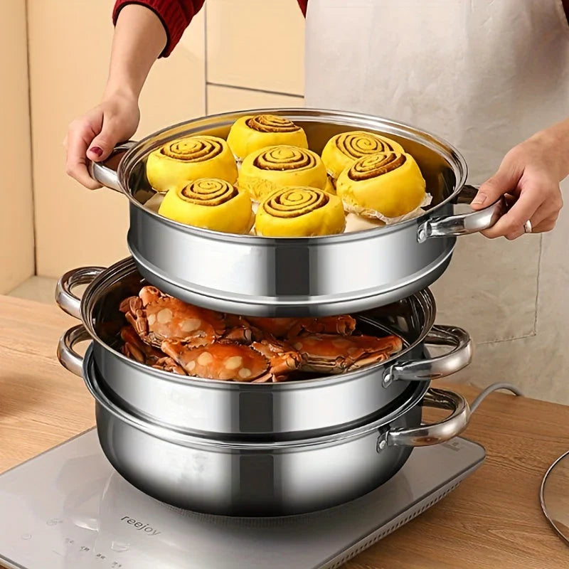Premium 3-Tier Stainless Steel Steamer with Glass Lid and Durable Handles β Ideal for Steaming and Cooking