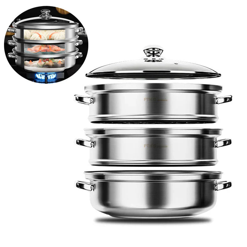 Premium 3-Tier Stainless Steel Steamer with Glass Lid and Durable Handles β Ideal for Steaming and Cooking