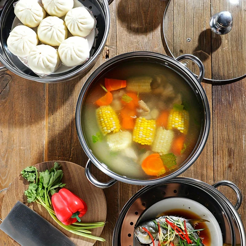 Premium 3-Tier Stainless Steel Steamer with Glass Lid and Durable Handles β Ideal for Steaming and Cooking