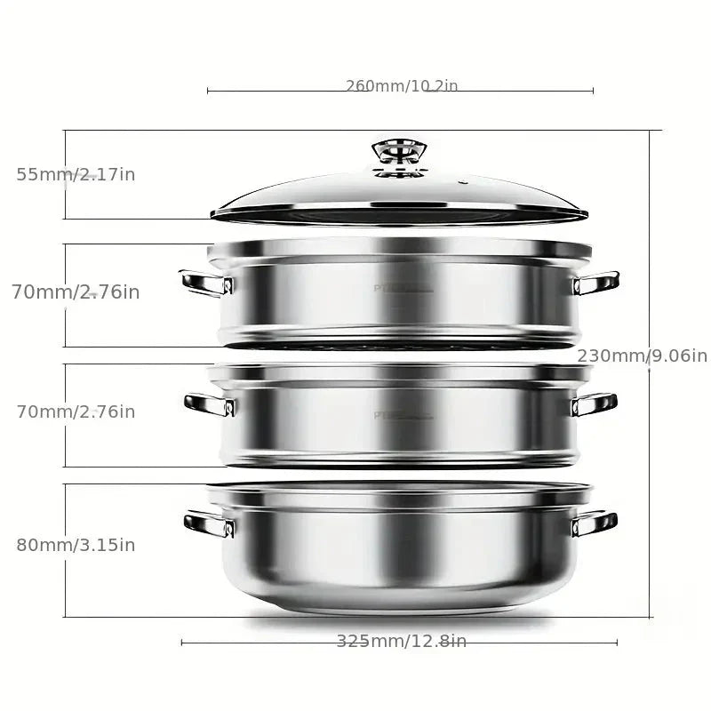 Premium 3-Tier Stainless Steel Steamer with Glass Lid and Durable Handles β Ideal for Steaming and Cooking