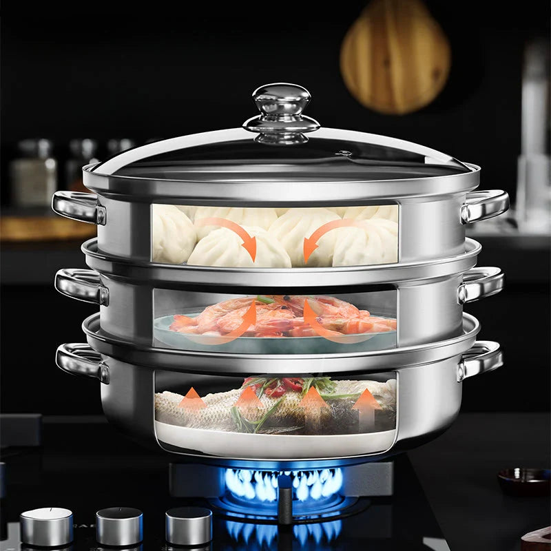 Premium 3-Tier Stainless Steel Steamer with Glass Lid and Durable Handles β Ideal for Steaming and Cooking