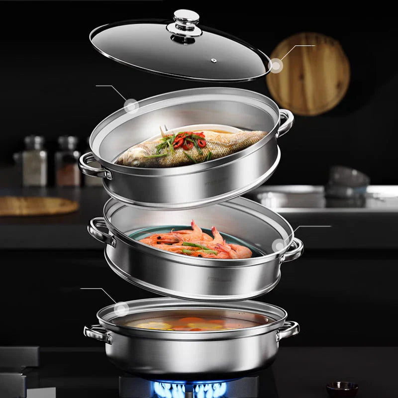 Premium 3-Tier Stainless Steel Steamer with Glass Lid and Durable Handles β Ideal for Steaming and Cooking