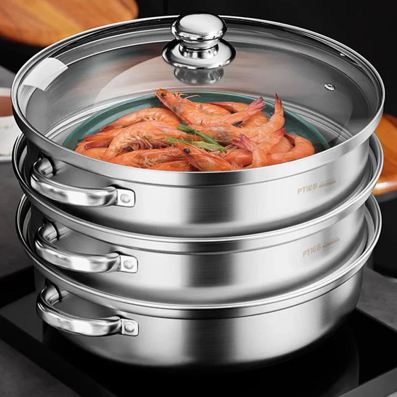 Premium 3-Tier Stainless Steel Steamer with Glass Lid and Durable Handles β Ideal for Steaming and Cooking