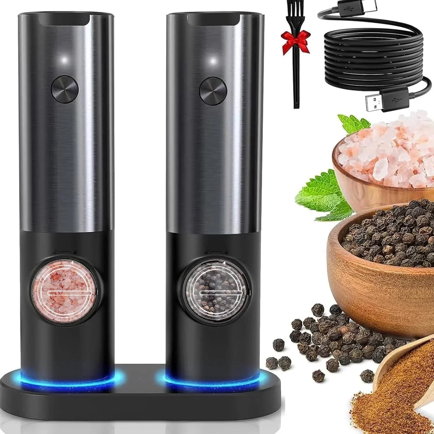 Sleek Electric Salt & Pepper Grinder Set – USB Rechargeable & Adjustable Coarseness