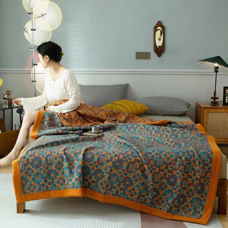 Six-Layer Cotton Throw Blanket with Orange And Blue Design