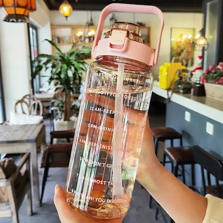 2L Portable Hydration Water Bottle With Straw And Hourly Reminder Markings