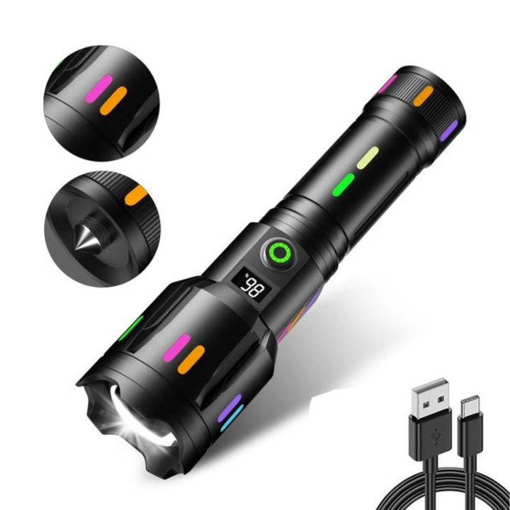 High-Performance LED Flashlight with Power Display – Rechargeable Torch with Glass Breaker & USB-C Charging