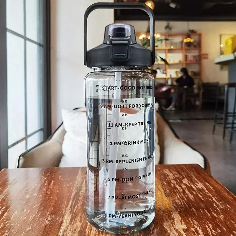 2L Portable Hydration Water Bottle With Straw And Hourly Reminder Markings