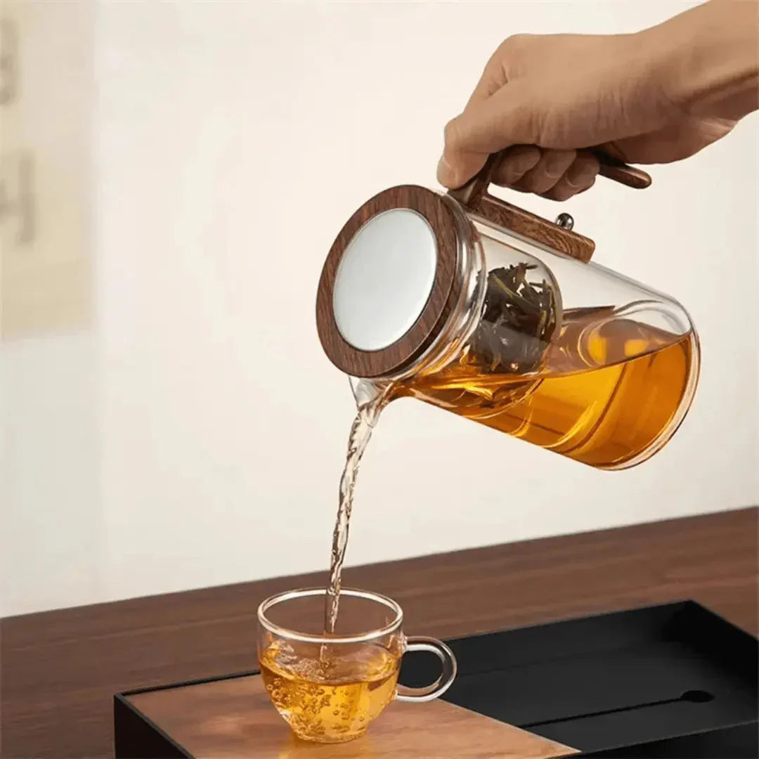 Premium Glass Teapot with Wooden Handle - Elegant Transparent Teapot for Perfect Tea Brewing