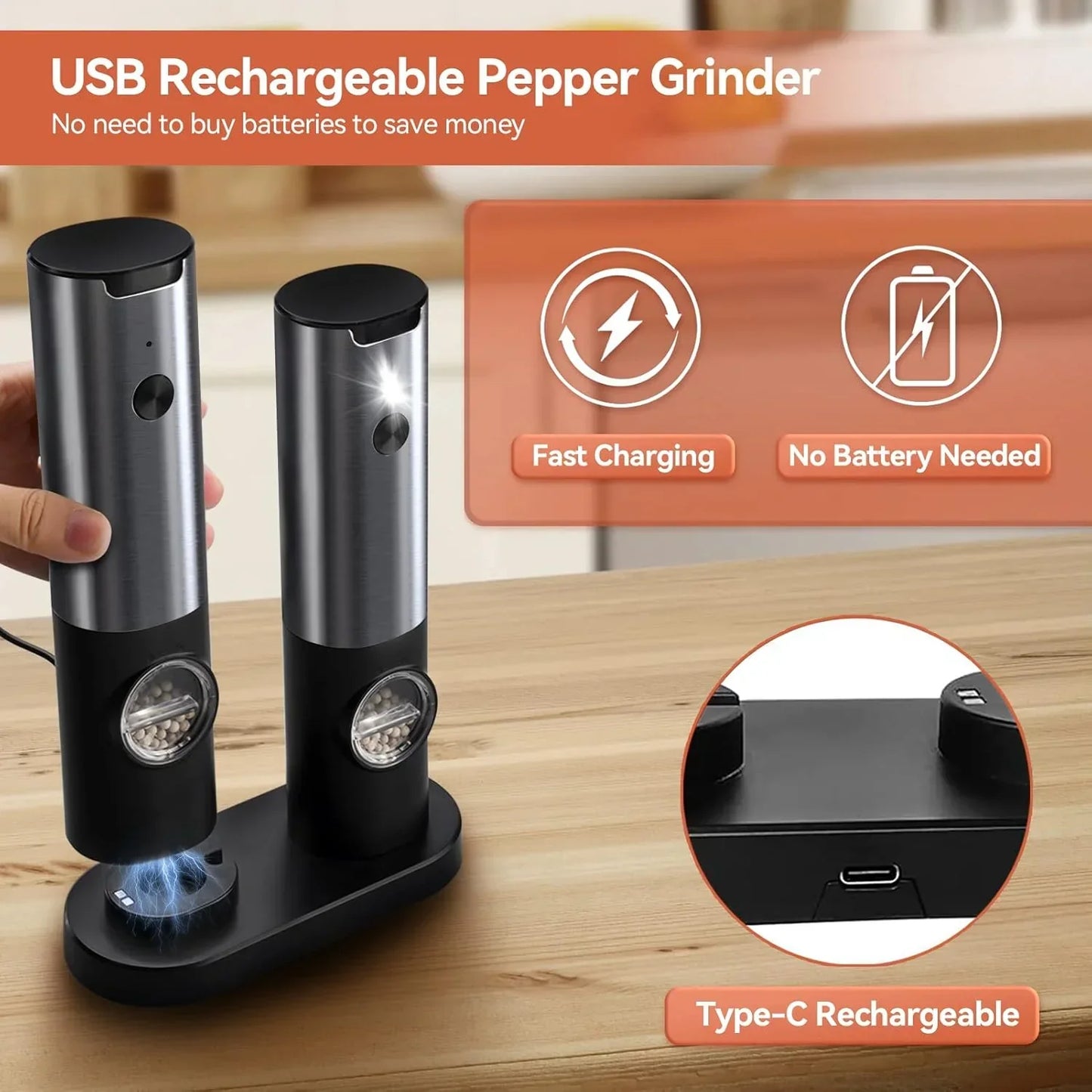 Sleek Electric Salt & Pepper Grinder Set – USB Rechargeable & Adjustable Coarseness