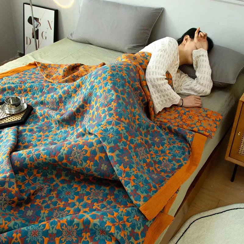 Six-Layer Cotton Throw Blanket with Orange And Blue Design