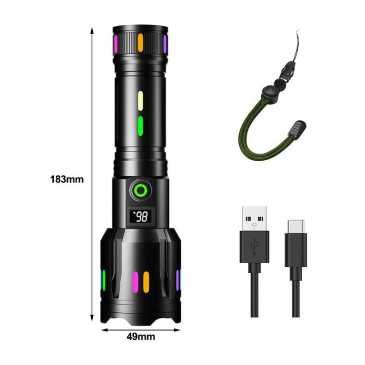 High-Performance LED Flashlight with Power Display – Rechargeable Torch with Glass Breaker & USB-C Charging