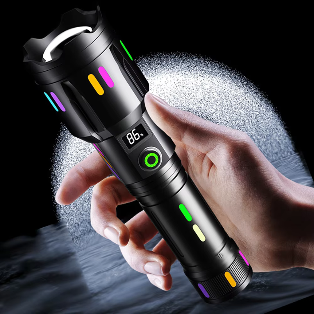 High-Performance LED Flashlight with Power Display – Rechargeable Torch with Glass Breaker & USB-C Charging