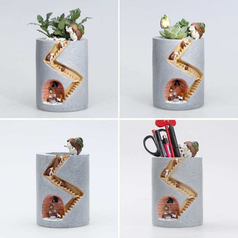 Whimsical Plant Pot with Hedgehog and Rabbit Figurines - Unique Staircase Design for Indoor Plants