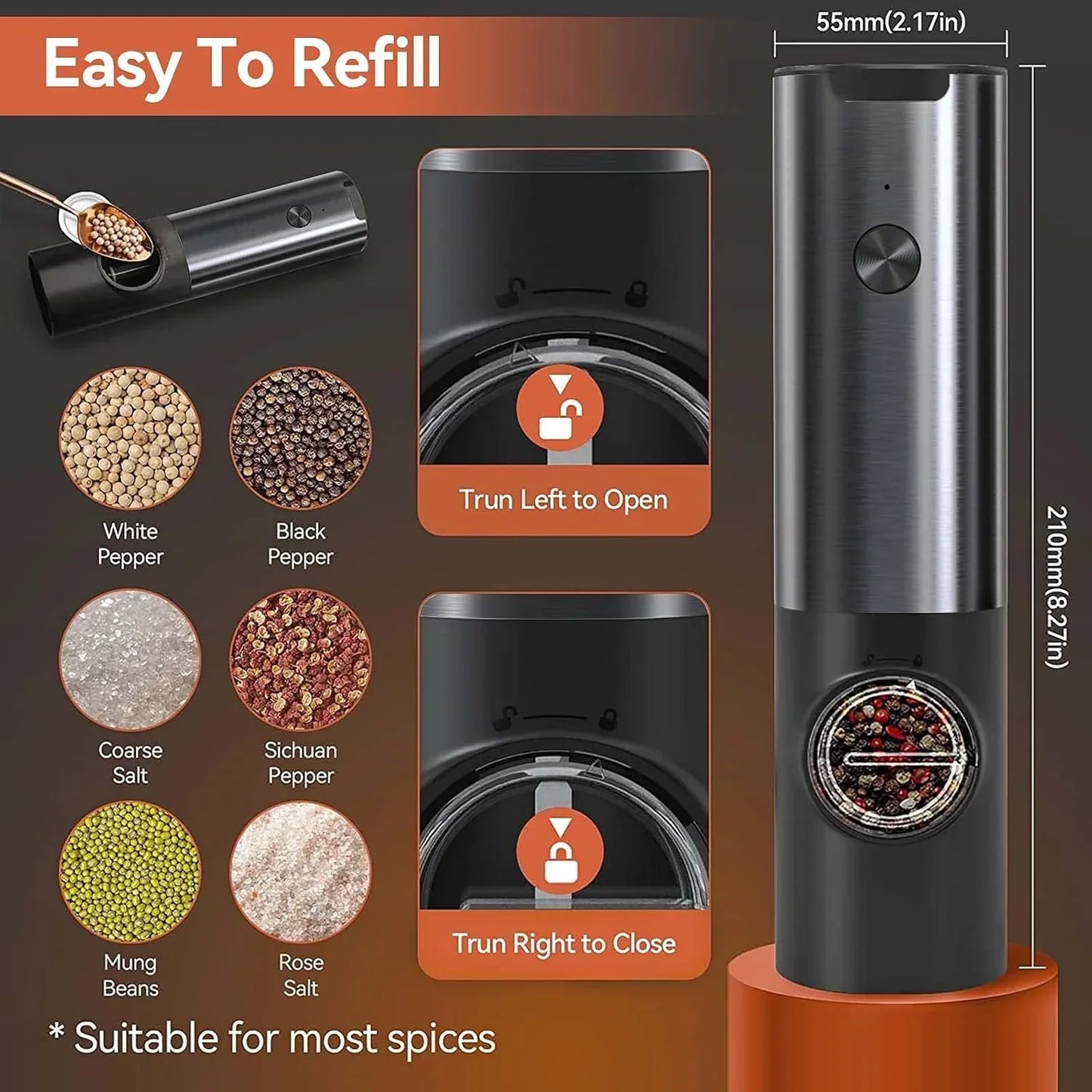 Sleek Electric Salt & Pepper Grinder Set – USB Rechargeable & Adjustable Coarseness