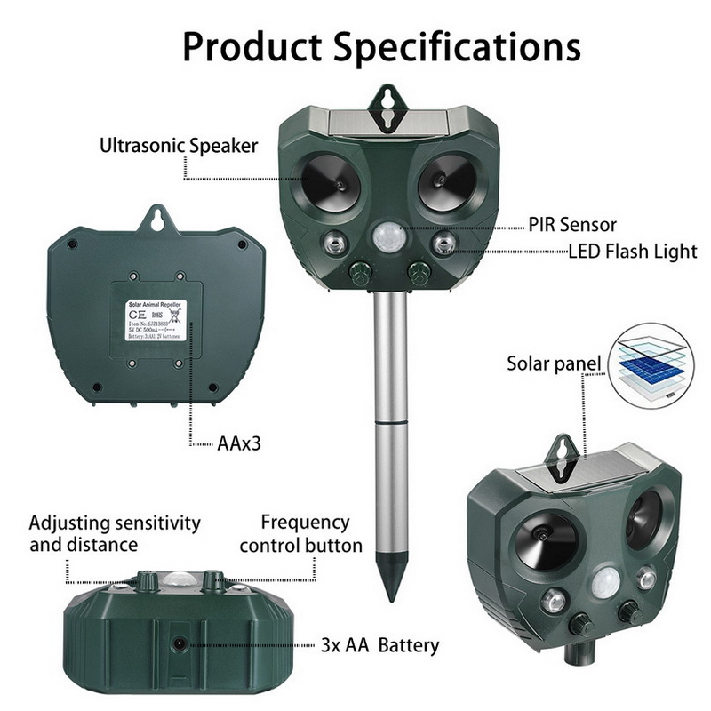 Solar-Powered Ultrasonic Pest Repeller - Effective Animal Control for Garden Protection