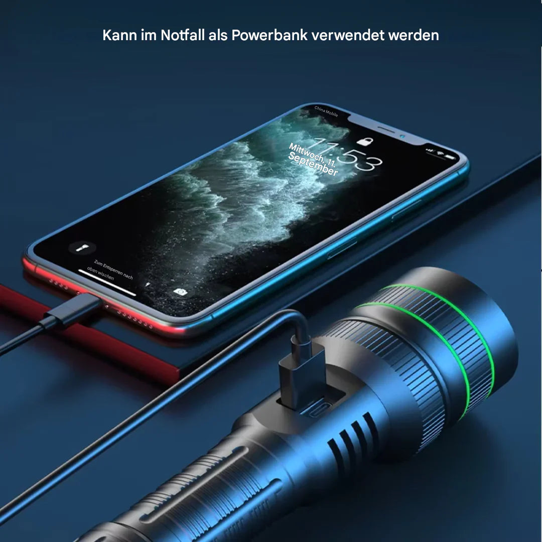 High-Powered LED Torch with Zoomable Feature and Power Bank Function for Outdoor Activities