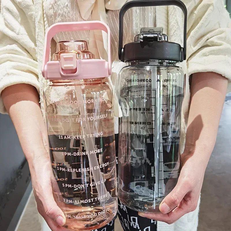 2L Portable Hydration Water Bottle With Straw And Hourly Reminder Markings