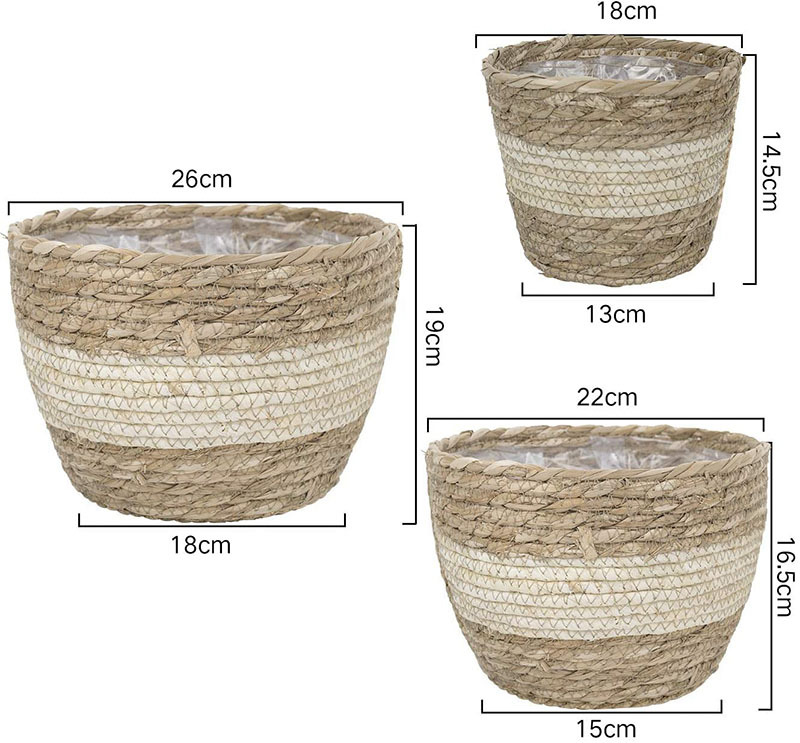 Set of 3 Handwoven Seagrass Plant Baskets - Decorative Flower Pots with Foil Liner