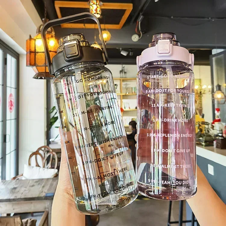 2L Portable Hydration Water Bottle With Straw And Hourly Reminder Markings