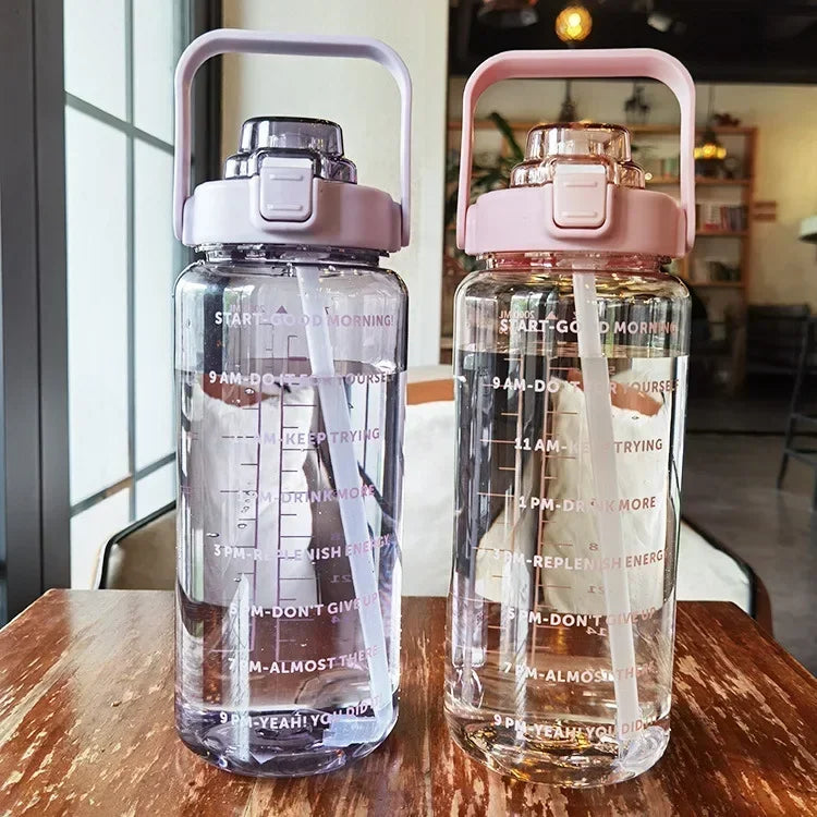 2L Portable Hydration Water Bottle With Straw And Hourly Reminder Markings