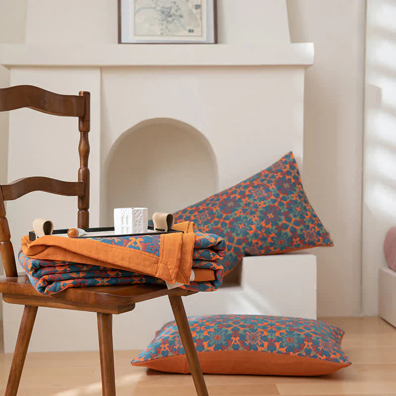 Six-Layer Cotton Throw Blanket with Orange And Blue Design