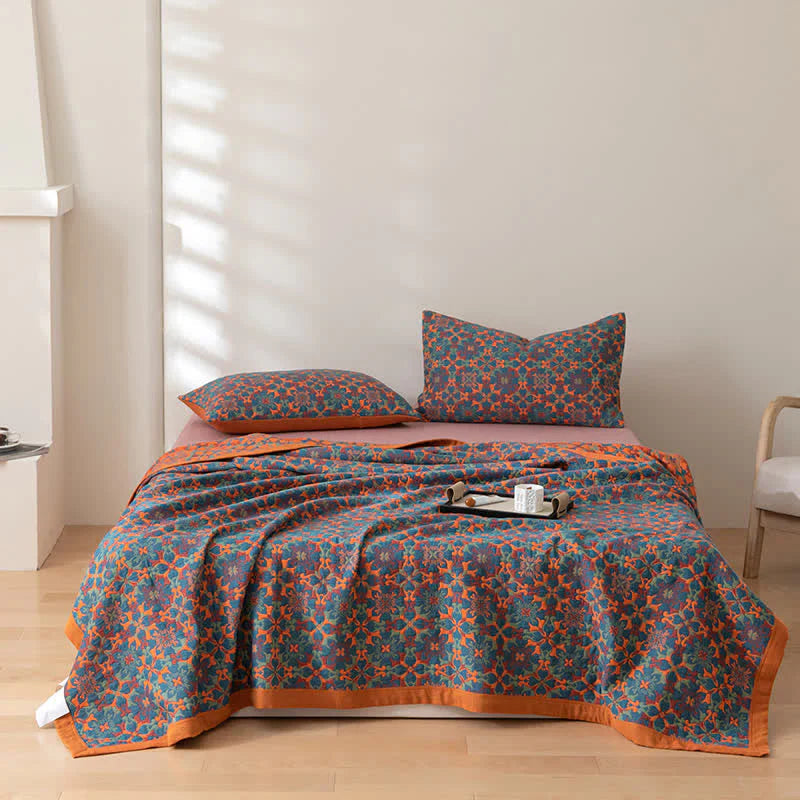 Six-Layer Cotton Throw Blanket with Orange And Blue Design