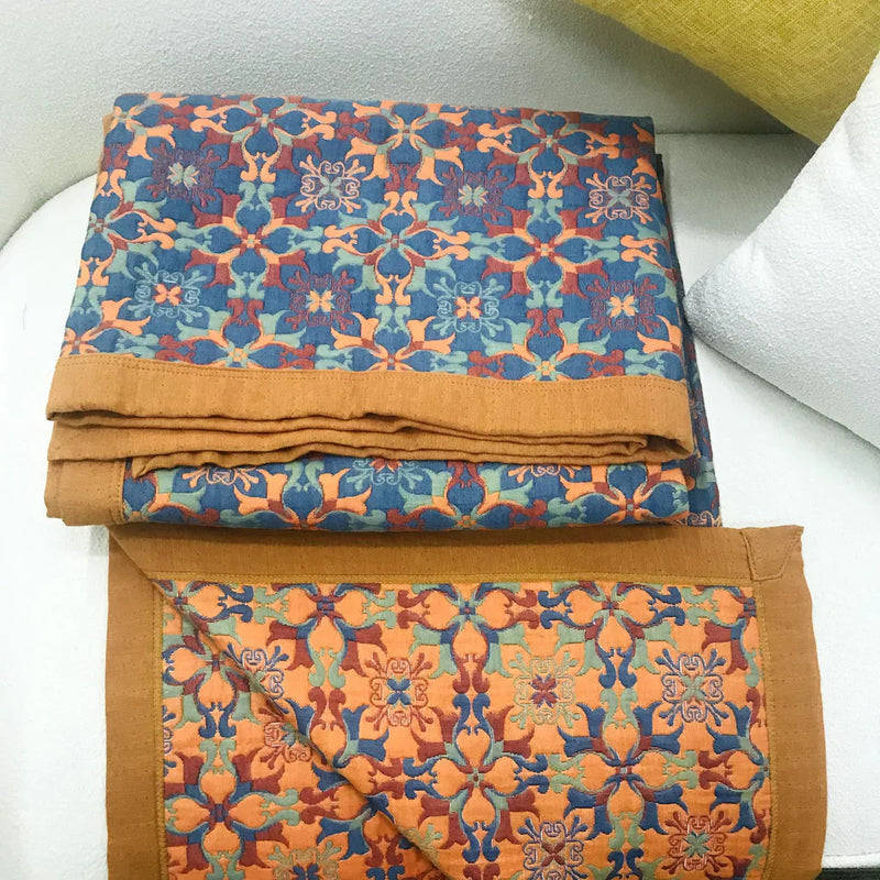 Six-Layer Cotton Throw Blanket with Orange And Blue Design