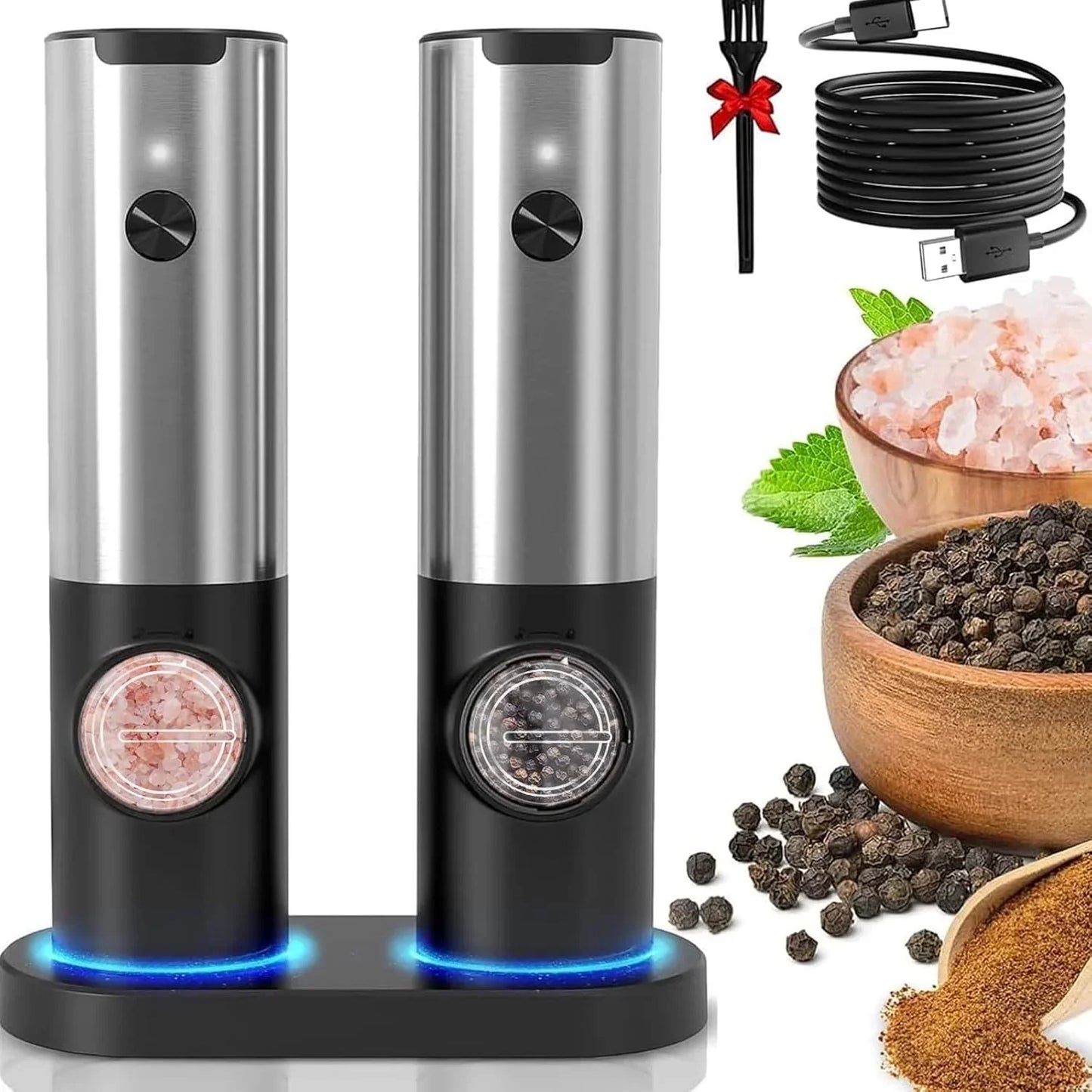 Sleek Electric Salt & Pepper Grinder Set – USB Rechargeable & Adjustable Coarseness