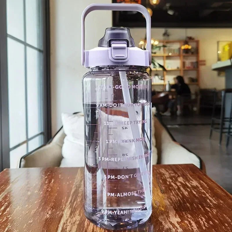 2L Portable Hydration Water Bottle With Straw And Hourly Reminder Markings