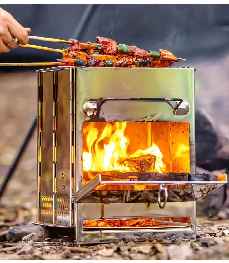 Foldable Stainless Steel Camping Stove – Portable Wood-Burning Cooker for Outdoor Cooking