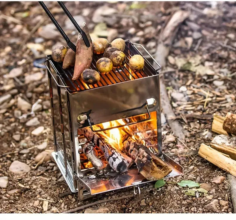 Foldable Stainless Steel Camping Stove – Portable Wood-Burning Cooker for Outdoor Cooking