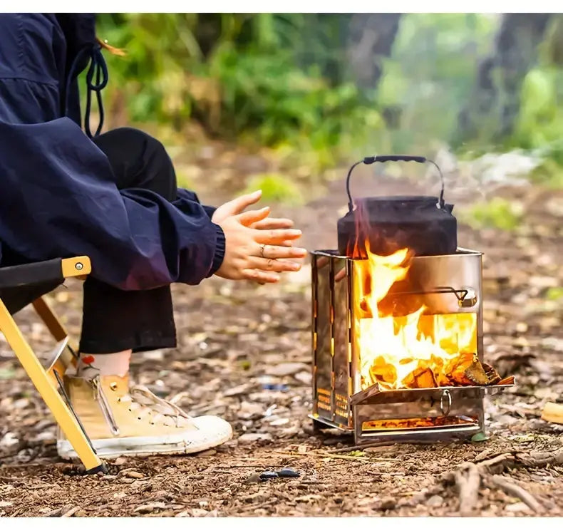 Foldable Stainless Steel Camping Stove – Portable Wood-Burning Cooker for Outdoor Cooking