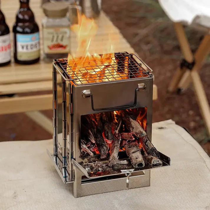 Foldable Stainless Steel Camping Stove – Portable Wood-Burning Cooker for Outdoor Cooking