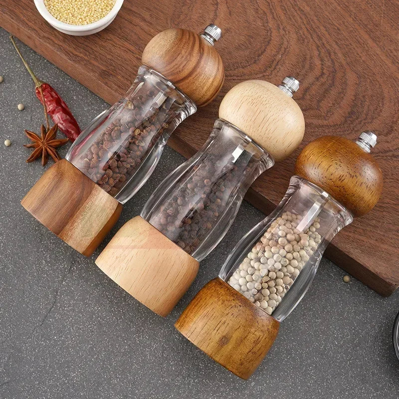 Wood and Glass Salt Pepper Mill Set