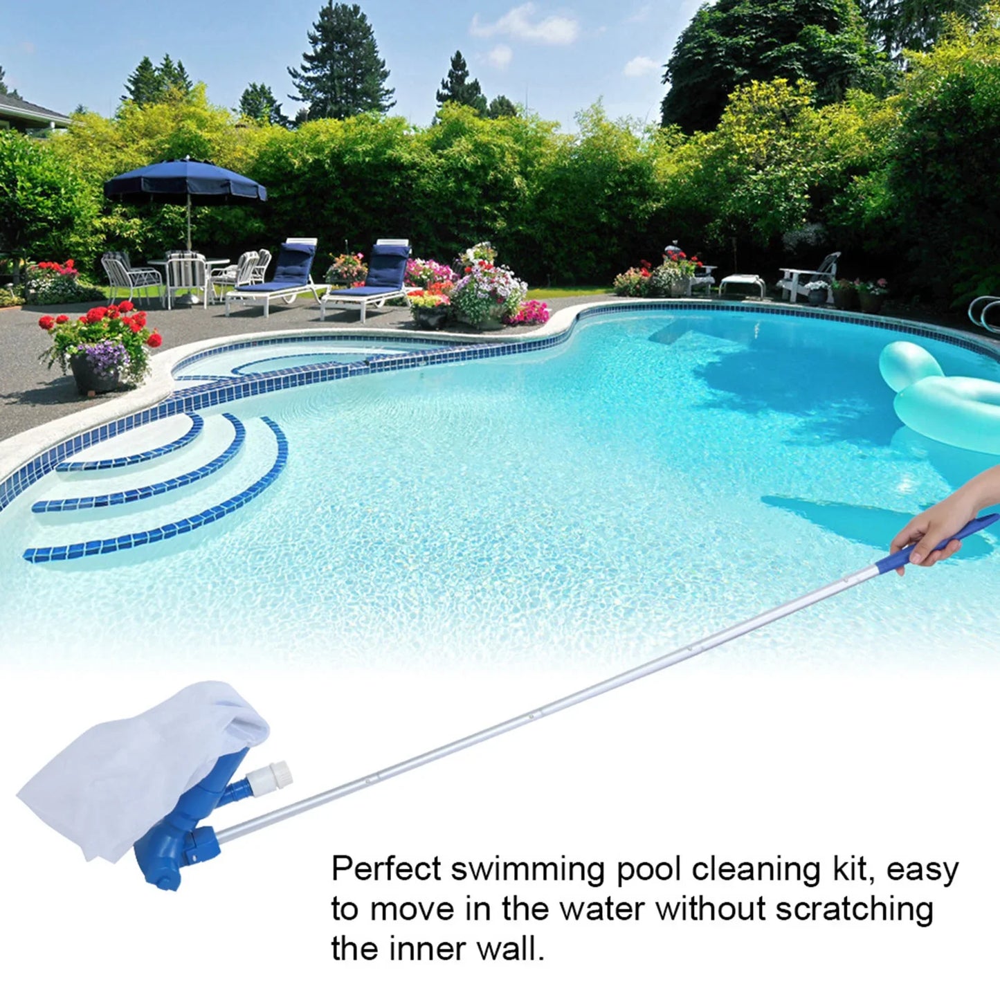 Swimming Pool Cleaning Kit with Telescoping Pole – Mesh Skimmer and Accessories for Pool Care