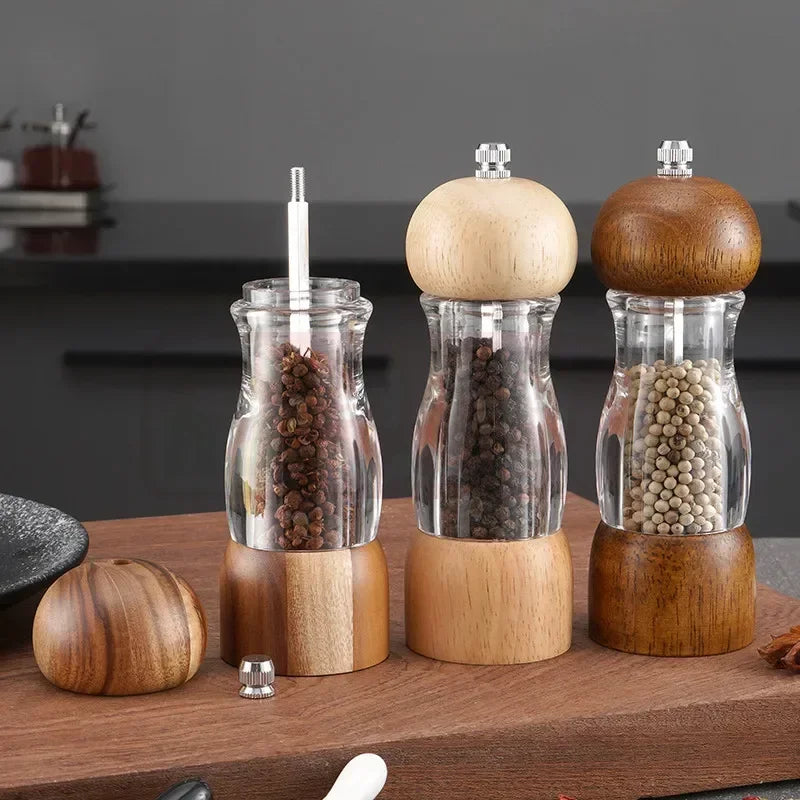 Wood and Glass Salt Pepper Mill Set