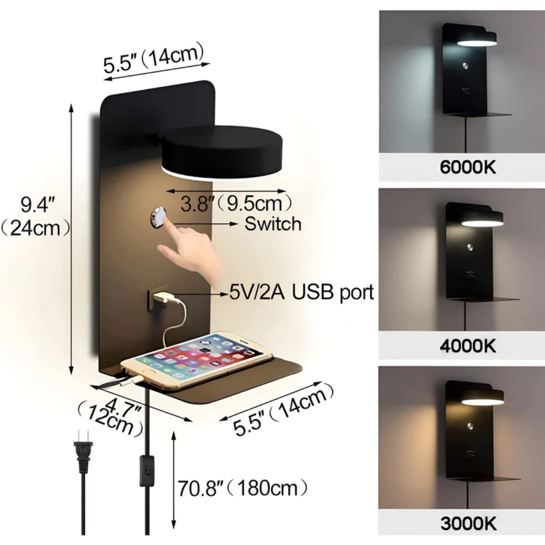 Modern LED Wall Sconce With Built-in USB Charging Shelf