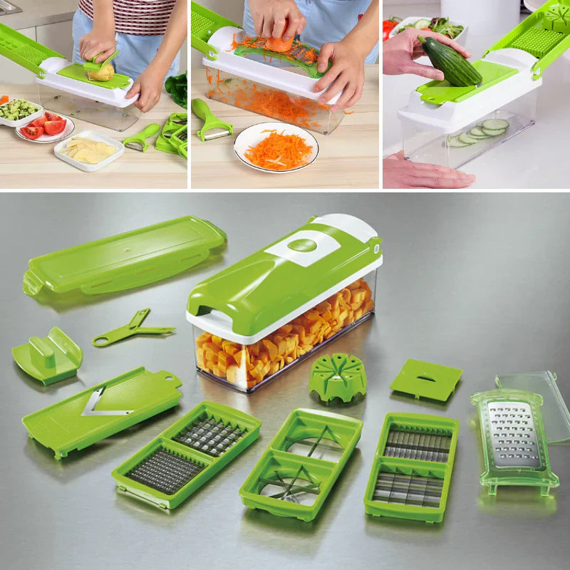 12-in-1 Vegetable Slicer with Interchangeable Blades and Built-In Collection Container