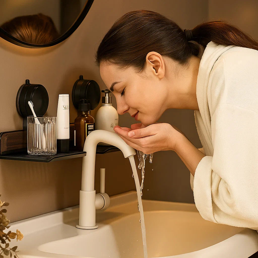 Bathroom Suction Cup Sink Shelf in Walnut Design