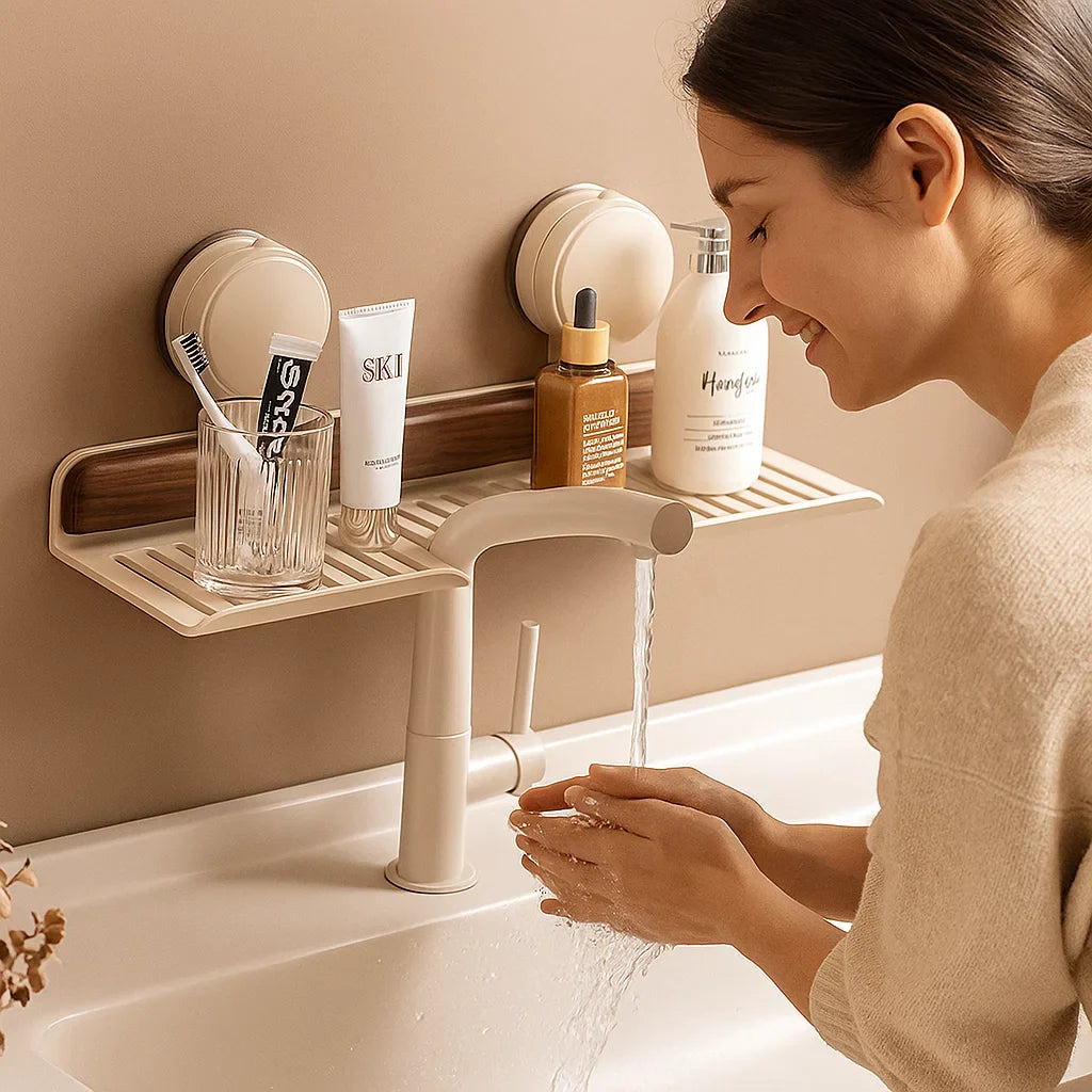 Bathroom Suction Cup Sink Shelf in Walnut Design