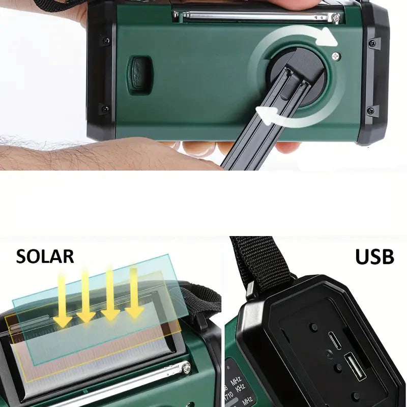 Portable Solar Emergency Radio with Powerbank - Hand Crank Radio and LED Flashlight for Outdoor & Camping