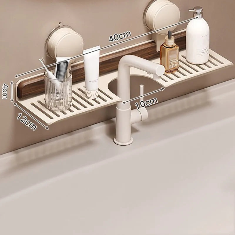 Bathroom Suction Cup Sink Shelf in Walnut Design