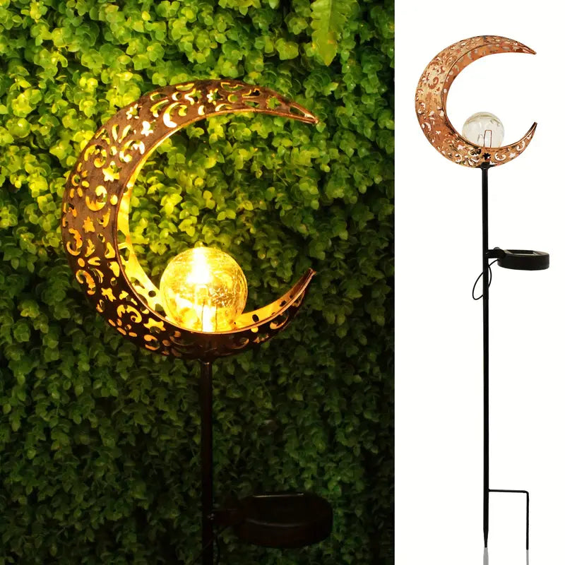Waterproof Metal Solar Garden Light – LED Outdoor Lighting in Moon, Flame, Sun, or Star Shapes