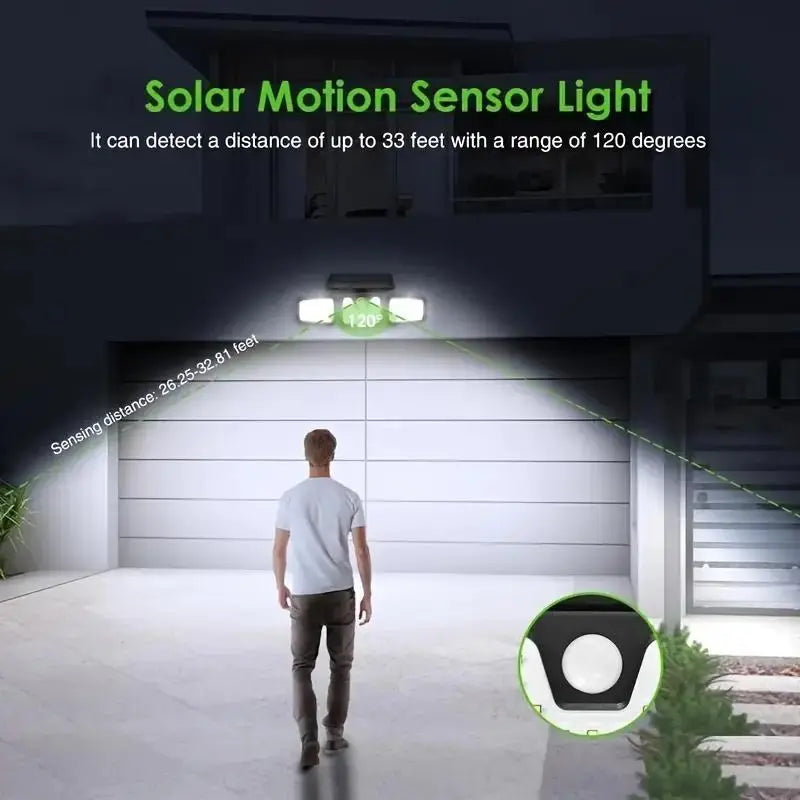 LED Solar Floodlight with Motion Sensor – 3-Spot Outdoor Lighting for Garden, Yard, and Garage