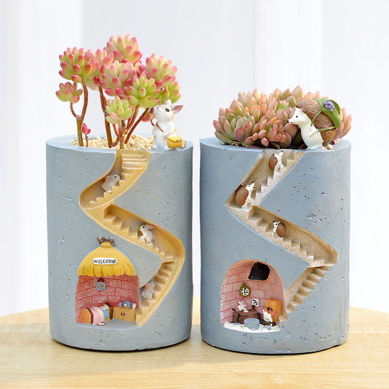 Whimsical Plant Pot with Hedgehog and Rabbit Figurines - Unique Staircase Design for Indoor Plants