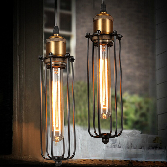 Vintage Industrial Pendant Light – Retro Hanging Lamp with Metal Cage Design