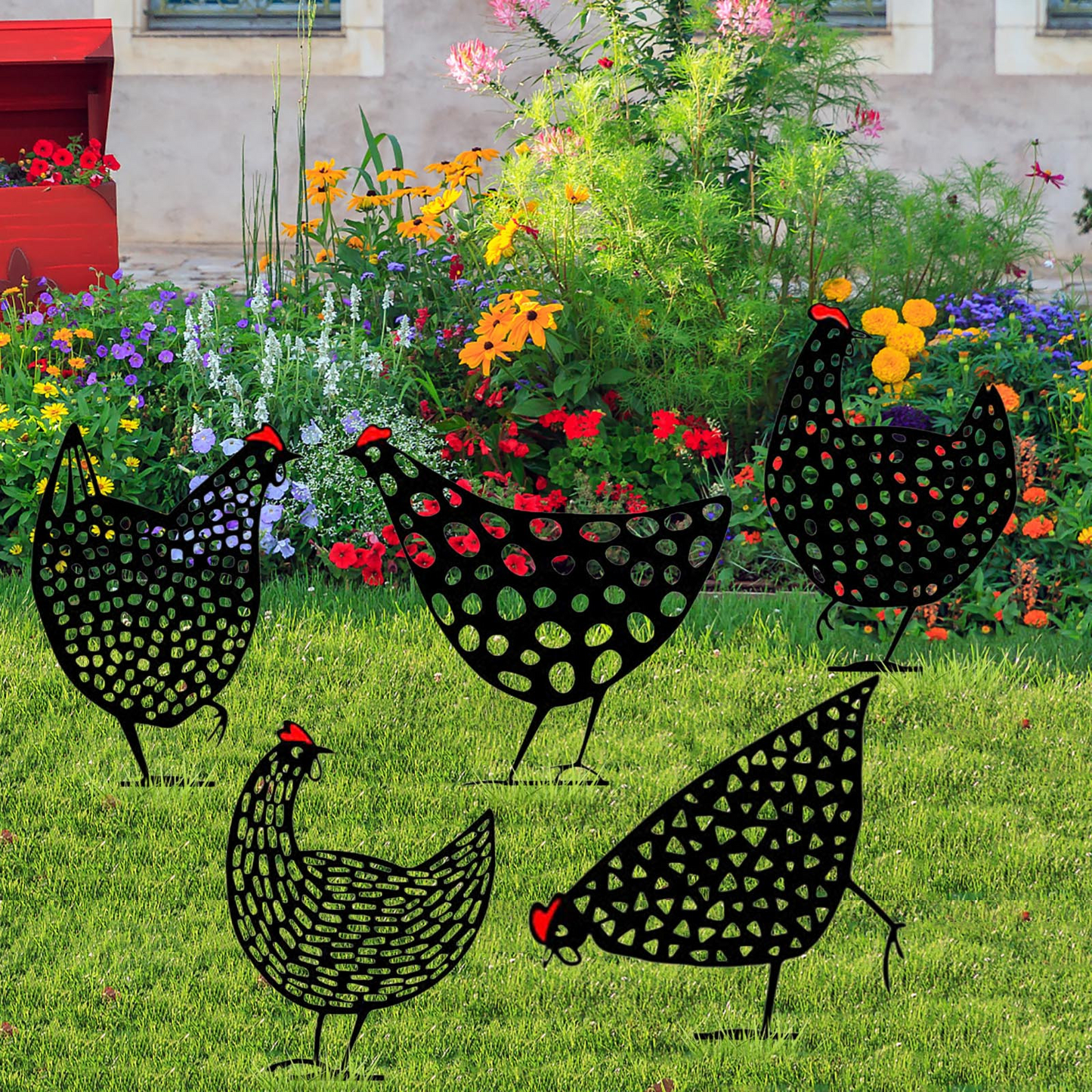 Decorative Metal Garden Chickens – Outdoor Garden Plug Statues for Lawn Decor